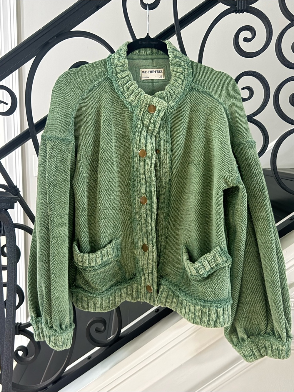 We The Free Sage Green Soft sweatshirt like Button-Front Ribbed Pocket Cardigan